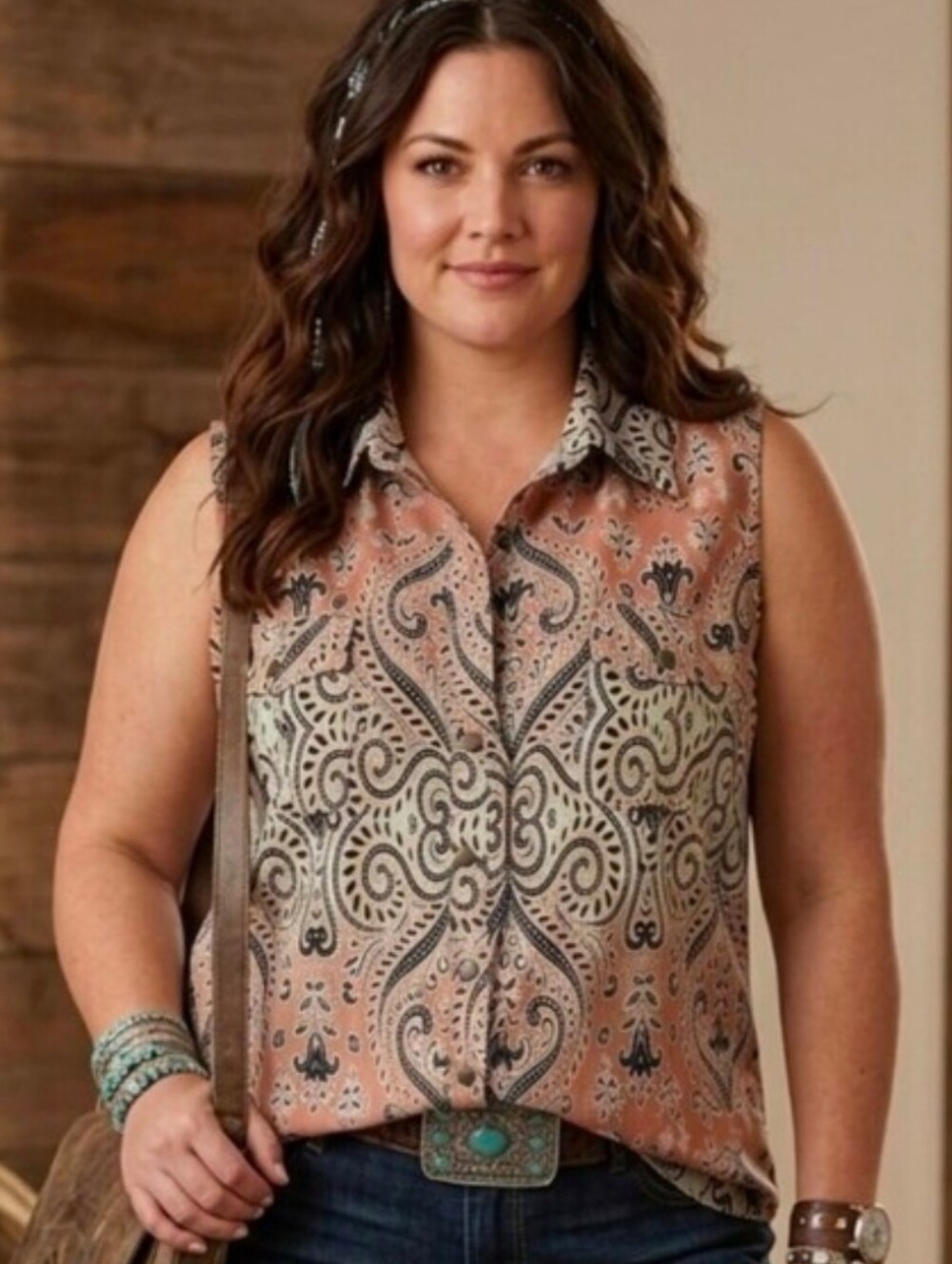 LuLaRoe 2XL Roxanne Southwest Snap Tank Top Peach Seafoam Adobe Bandana Print